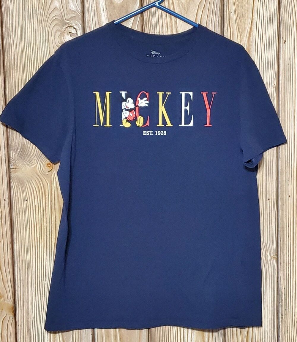Disney Mickey Mouse T-Shirt Women's Large Navy Blue Spell Out Colorful Cotton